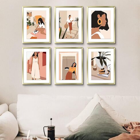 ArtbyHannah 11x14 Gold Picture Frames Set with Minimalist Modern Woman Wall Art Decor- Made to Display Photo 8x10 with Mat, Set of 6 in Saudi Arabia