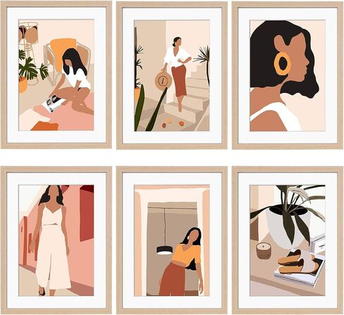 ArtbyHannah 11x14 Gold Picture Frames Set with Minimalist Modern Woman Wall Art Decor- Made to Display Photo 8x10 with Mat, Set of 6 in Saudi Arabia