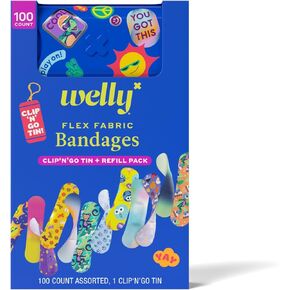 Welly Bandage Clip N' Go Tin & Refill Pack | Adhesive Flexible Fabric Bandages and Tin | Assorted Shapes and Patterns for Minor Cuts, Scrapes, and Wounds - 100 Count