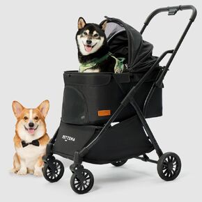 【One-Pull Open Ver.】 PETTENA Dog Stroller for 2 Dogs, One-Touch Foldable Dog Stroller for Small/Medium Dogs up to 50 Lbs, Cat Strollers for 2 Cats, Large Space Puppy Stroller, Khaki