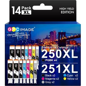 GPC Image Compatible Ink Cartridge Replacement for Canon 250XL 251XL PGI-250XL CLI-251XL Compatible with Pixma MX922 MG7520 MG5520 MG5420 Printer, 14 Pack (4PGBK,2Black,2Cyan,2Magenta,2Yellow,2Gray)