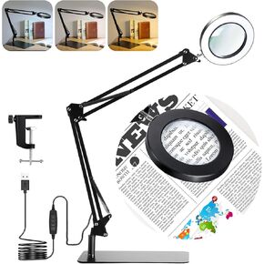 Large 10X Magnifying Glass Desk Light Magnifier LED Lamp Reading Lamp with Base & Clamp Craft Light Lamp with 3 Color Modes for Hobby Reading Close Works