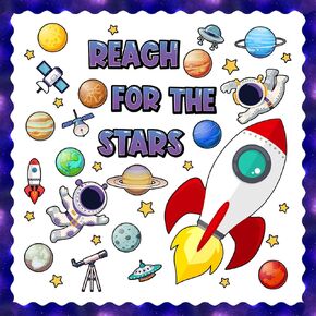 Whaline 79Pcs Outer Space Bulletin Board Decor Reach for The Stars Paper Cutouts with 200Pcs Glue Points Galaxy Bulletin Border Stickers for Classroom Back to School Birthday Party