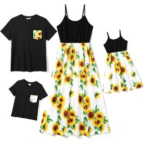 PATPAT Matching Family Outfits Mommy and Me Casual Cami Flower Print Blue Summer Splicing Beach Dresses and Tshirts with Pocket Women XL