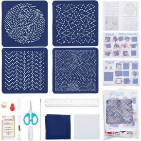 FREEBLOSS 4 Set Sashiko Coaster Kit Water Soluble Embroidery Patterns Full Embroidery Kit Includes Sashiko Thread, Needles and Fabric Coaster Making Kit for Adults Embroidery Lovers