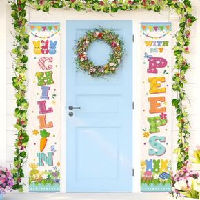 Easter Party Decorations Door Banner 2pcs Chillin with My Peps Happy Easter Porch Sign Banner 71x12inch Large Size Easter Door Decorations Cute Bunny Theme Spring Party Banner