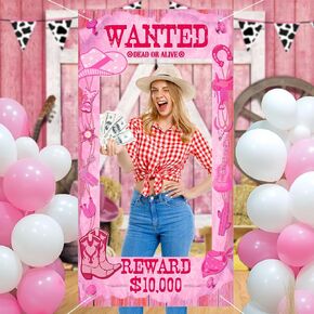 Large Cowgirl Party Decorations Pink Western Wanted Photo Banner Fun Frame Banner West Wanted Photo Booth Prop Wild Western Selfie Banner for Wild West Birthday Games Party Decoration Supplies