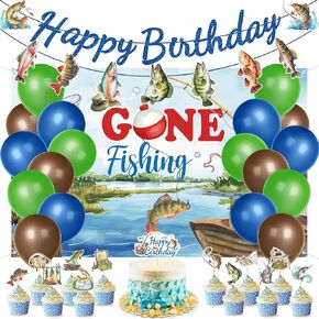 Gone Fishing Birthday Party Party - 34pcs زخارف لحفلات الصيد بما في ذلك صيد الأسماك المعلقة بانر خلفية البالونات كب كيك لوازم الحفلات لصيد الأسماك