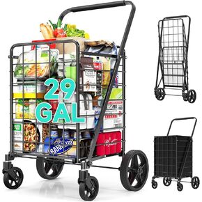 36 GAL Shopping Cart for Groceries - Grocery Cart on 360° Swivel Big Strong Wheels, 350 Lbs Capacity, Folding Shopping Cart with Basket & Waterproof Liner - Heavy Duty Utility Cart for Laundry