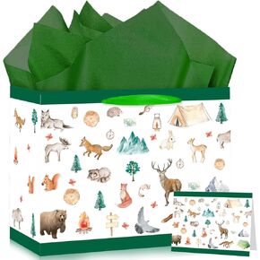 Woodland Animal Gift Bag with Card and Tissue Paper Woodland Creatures Gift Wrapping Bag Jumbo Animal Goodie Bags Camping Themed Party Decorations for Baby Shower Kids Nursery Birthday Party Supplies