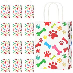Locmeo 50 Pcs Puppy Dog Paw Print Gift Bags with Handles Paw Print Paper Bags Pet Gift Bags Kraft Bags Holiday Party Bags for Pet Treat Party Favor Birthday Gift(White,10.6 x 8.3 x 4.3)