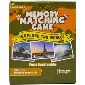 Menique. Memory Matching Game Explore The World. Beautiful Photographs of Iconic Locations from 50 Different Countries. Place, Country and Flag.