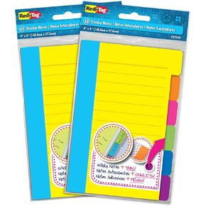 Redi-Tag Divider Sticky Notes, Tabbed Self-Stick Lined Notepads, Adhesive Notes for School, Home and Office, 120 Ruled Notes, 4" x 6", 2 Books Per Pack, Assorted Colors (B10290)