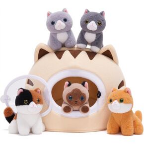 OUOZZZ Cat Stuffed Animal House – Plush Kitten Toy Set with 4 Soft Cats – Interactive & Travel-Friendly Playset for Toddlers & Kids – Huggable, Portable Birthday Gift for Baby Infant
