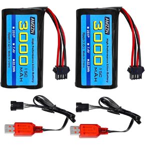 2PCS 7.4V 3000mAh 15C 2S SM-4P Plug Li-ion Battery with USB Charger for EC08 DE85 RC Car, Truck RC Ship RC Drone Engineering Vehicle Backup Battery