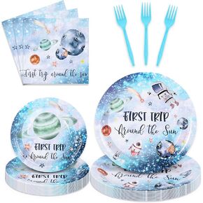 Whaline 100Pcs First Trip Around The Sun Tableware Set, Outer Space Themed Dinnerware Set, Suitable for Birthday, Baby Shower, Party, Disposable Table Decor