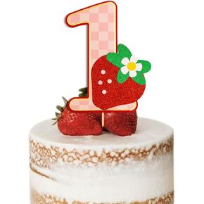 Strawberry One Cake Topper - Decor With Flower Glitter Sweet Fruit Themed Party Supplies, Birthday Strawberrry Cupcake Picks,Berry First Birthday Cake Ornament