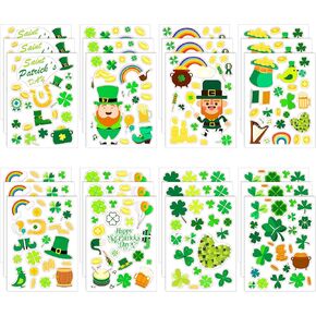 24 Sheets St.Patrick's Day Stickers, Green Shamrock Four-Leaf Clover Leprechaun Gold Coin Self-Adhesive Sticker, for St. Patrick's Day Party Cards Envelopes Scrapbooking Gifts Labels Decoration