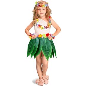 Fortuning's JDS Boys Girls Hawaiian Flowers Leaf Grass Skirts Garland Costume Set Beach Party Favors