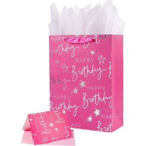 JWSCYSY 16.5" Extra Large Happy Birthday Gift Bag with Card and Tissue Papers, Huge Gift Bag for Kids Girls Birthday Party (Pink)
