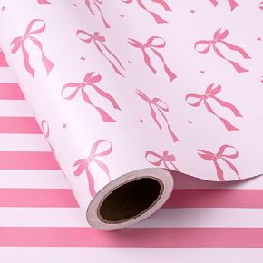 WRAPAHOLIC Jumbo Reversible Pink Bow Wrapping Paper Roll - 30 Inch x 33 Feet - Pink Ribbon Bow and Stripes Design Perfect for Valentine's Day, Girls Birthday, Bachelorette Party, Baby Shower