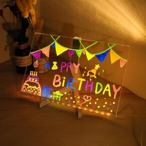 Acrylic Dry Erase Board with Light - LED Note Board Light with 12 Color Markers Desktop Message Board with Stand Rewritable Glow Memo for Office, Home, Kids - Night Light Function (11.8" x 7.9")