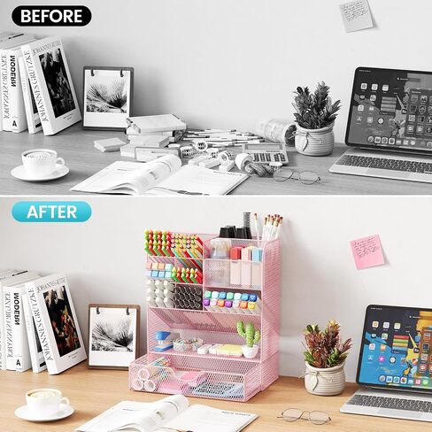 Desk Organizers and Accessories, Pen Holder for Desk Organizer with Drawer, Pencil Holder Office Desk Accessories Workspace Desktop Organizer for School Home Office Art Supplies（Black） in Saudi Arabia