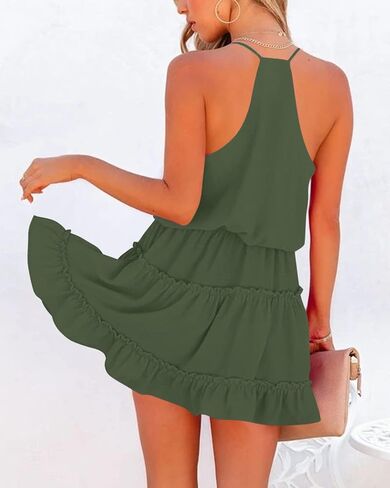 Newffr Womens V Neck Summer Dress Sleeveless Mini Dress Ruffle Dress Spaghetti Strap Racerback Sun Flowy Dress in Kuwait