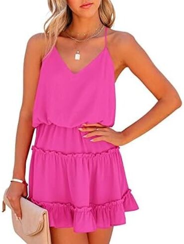Newffr Womens V Neck Summer Dress Sleeveless Mini Dress Ruffle Dress Spaghetti Strap Racerback Sun Flowy Dress in Kuwait