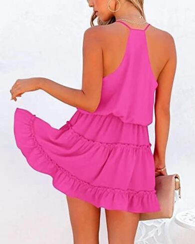 Newffr Womens V Neck Summer Dress Sleeveless Mini Dress Ruffle Dress Spaghetti Strap Racerback Sun Flowy Dress in Kuwait