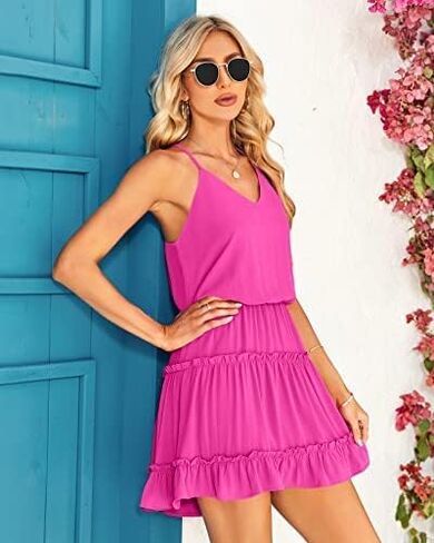 Newffr Womens V Neck Summer Dress Sleeveless Mini Dress Ruffle Dress Spaghetti Strap Racerback Sun Flowy Dress in Kuwait