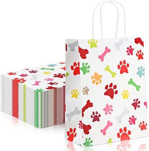 Locmeo 50 Pcs Puppy Dog Paw Print Gift Bags with Handles Paw Print Paper Bags Pet Gift Bags Kraft Bags Holiday Party Bags for Pet Treat Party Favor Birthday Gift(White,10.6 x 8.3 x 4.3) in Saudi Arabia