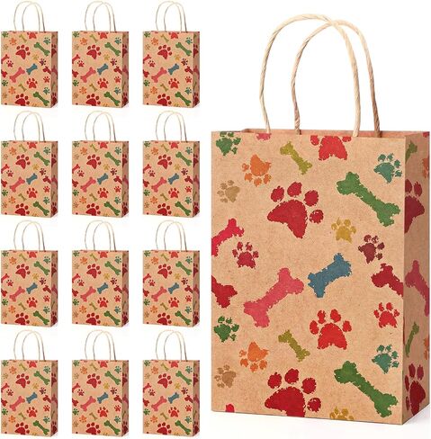Locmeo 50 Pcs Puppy Dog Paw Print Gift Bags with Handles Paw Print Paper Bags Pet Gift Bags Kraft Bags Holiday Party Bags for Pet Treat Party Favor Birthday Gift(White,10.6 x 8.3 x 4.3) in Saudi Arabia