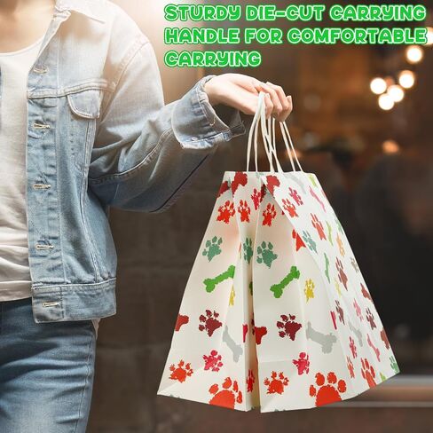 Locmeo 50 Pcs Puppy Dog Paw Print Gift Bags with Handles Paw Print Paper Bags Pet Gift Bags Kraft Bags Holiday Party Bags for Pet Treat Party Favor Birthday Gift(White,10.6 x 8.3 x 4.3) in Saudi Arabia