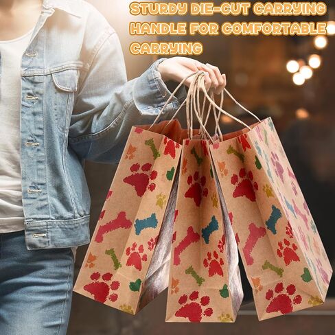 Locmeo 50 Pcs Puppy Dog Paw Print Gift Bags with Handles Paw Print Paper Bags Pet Gift Bags Kraft Bags Holiday Party Bags for Pet Treat Party Favor Birthday Gift(White,10.6 x 8.3 x 4.3) in Saudi Arabia
