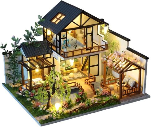 DIY Miniature House Kit, Tiny House Kit with LED & Music Movement, DIY Wooden Dollhouse Miniature Kit for Adults Teen, Wooden Crafts Lovely Dollhouse Kit, Bamboo Stream Garden in Saudi Arabia