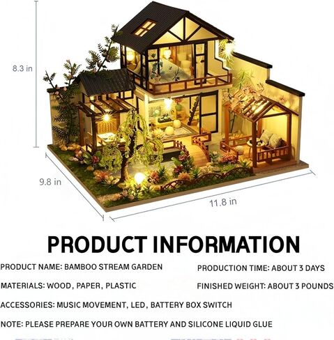 DIY Miniature House Kit, Tiny House Kit with LED & Music Movement, DIY Wooden Dollhouse Miniature Kit for Adults Teen, Wooden Crafts Lovely Dollhouse Kit, Bamboo Stream Garden in Saudi Arabia