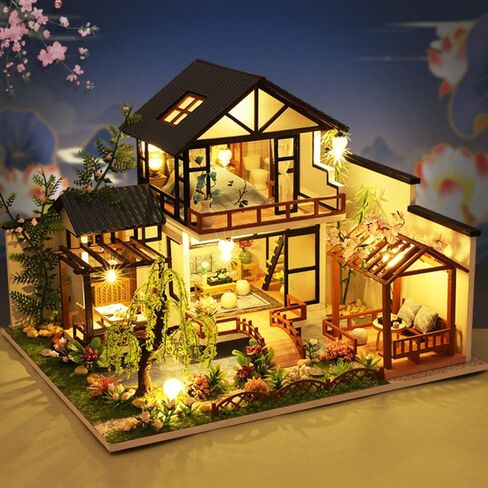 DIY Miniature House Kit, Tiny House Kit with LED & Music Movement, DIY Wooden Dollhouse Miniature Kit for Adults Teen, Wooden Crafts Lovely Dollhouse Kit, Bamboo Stream Garden in Saudi Arabia