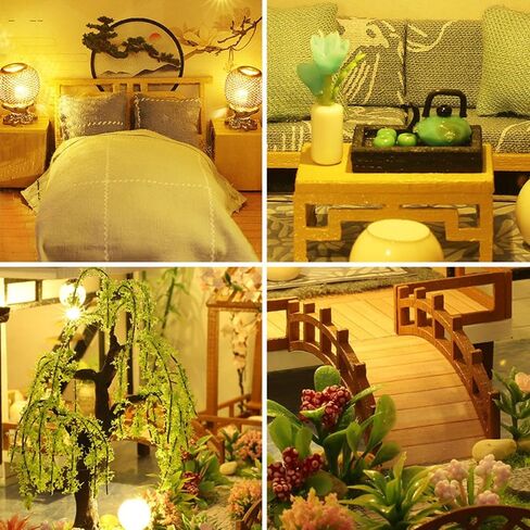 DIY Miniature House Kit, Tiny House Kit with LED & Music Movement, DIY Wooden Dollhouse Miniature Kit for Adults Teen, Wooden Crafts Lovely Dollhouse Kit, Bamboo Stream Garden in Saudi Arabia