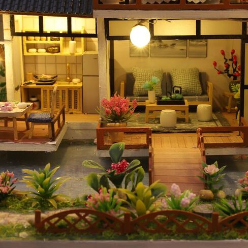 DIY Miniature House Kit, Tiny House Kit with LED & Music Movement, DIY Wooden Dollhouse Miniature Kit for Adults Teen, Wooden Crafts Lovely Dollhouse Kit, Bamboo Stream Garden in Saudi Arabia