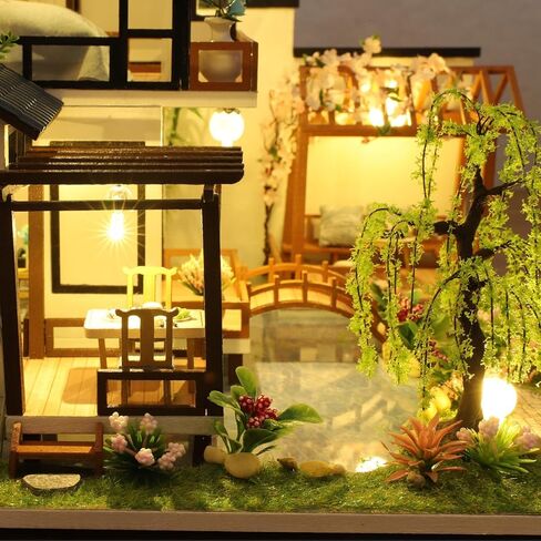 DIY Miniature House Kit, Tiny House Kit with LED & Music Movement, DIY Wooden Dollhouse Miniature Kit for Adults Teen, Wooden Crafts Lovely Dollhouse Kit, Bamboo Stream Garden in Saudi Arabia