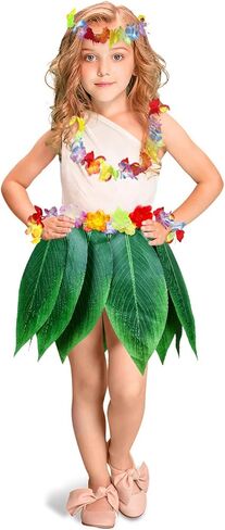 Fortuning's JDS Boys Girls Hawaiian Flowers Leaf Grass Skirts Garland Costume Set Beach Party Favors in Kuwait