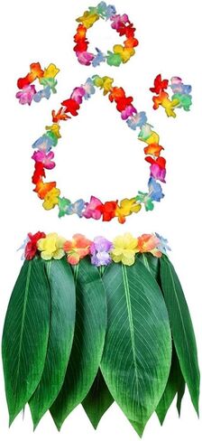 Fortuning's JDS Boys Girls Hawaiian Flowers Leaf Grass Skirts Garland Costume Set Beach Party Favors in Kuwait