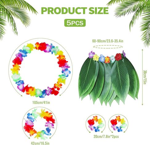 Fortuning's JDS Boys Girls Hawaiian Flowers Leaf Grass Skirts Garland Costume Set Beach Party Favors in Kuwait