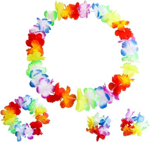 Fortuning's JDS Boys Girls Hawaiian Flowers Leaf Grass Skirts Garland Costume Set Beach Party Favors in Kuwait