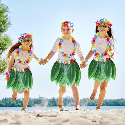 Fortuning's JDS Boys Girls Hawaiian Flowers Leaf Grass Skirts Garland Costume Set Beach Party Favors in Kuwait