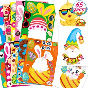 65sheets ملصقات عيد الفصح الحرف للأطفال-ألعاب Make-A-Bunny/Egg/Gnome/Sheep ، وتهدايا سلة أنشطة الحفلات.