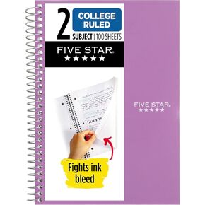 Five Star Small Spiral Notebook, 2 Subject, College Ruled Paper, 9-1/2" x 6", 100 Sheets, Amethyst Purple (840004CF1)