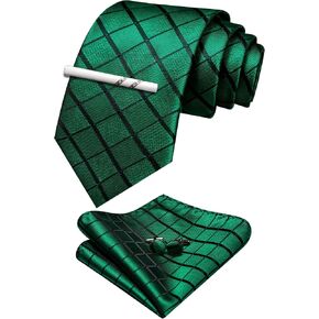 YOHOWA Men Plaid/Striped Ties Set Silk Business Wedding Formal Fashion Necktie and Pocket Square Cufflinks Set