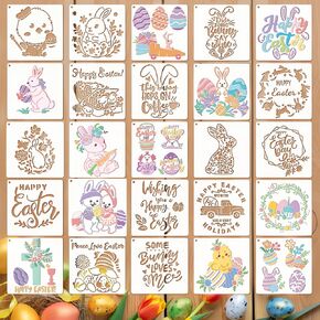 25pcs stency stencils قابلة لإعادة الاستخدام ، قوالب رش من البلاستيك 6 × 6 للطلاء على الخشب ، الأرنب/البيض/استنسل الزنبرك لبطاقات المعايدة ، حجارة عيد الفصح الحجارة الزخار